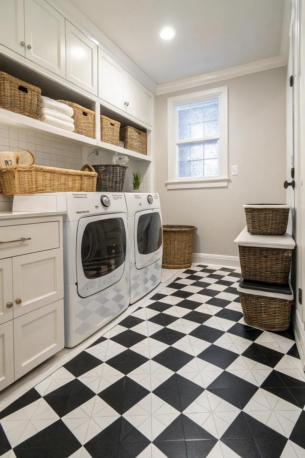 Checkered tiles introduce a classic sophistication to the laundry area.