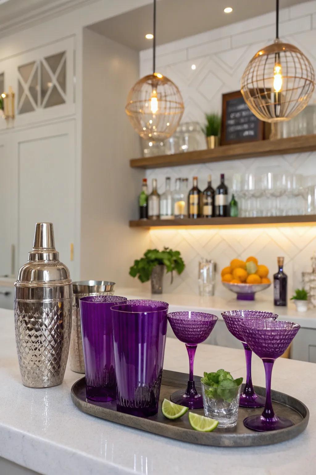 A chic home bar featuring purple glassware for a stylish entertaining experience.