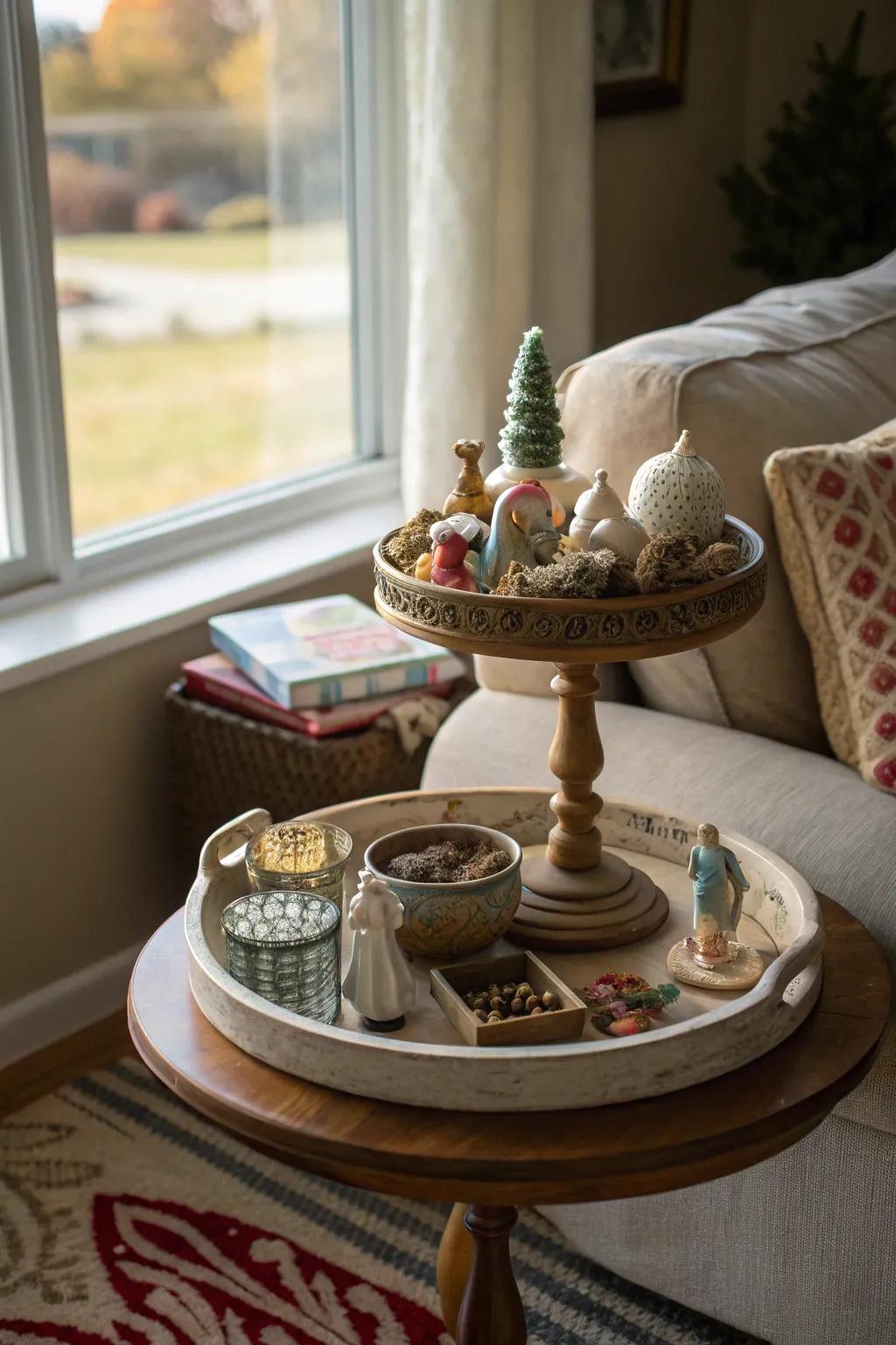 An artistic display of sculptures on a rotating tray.