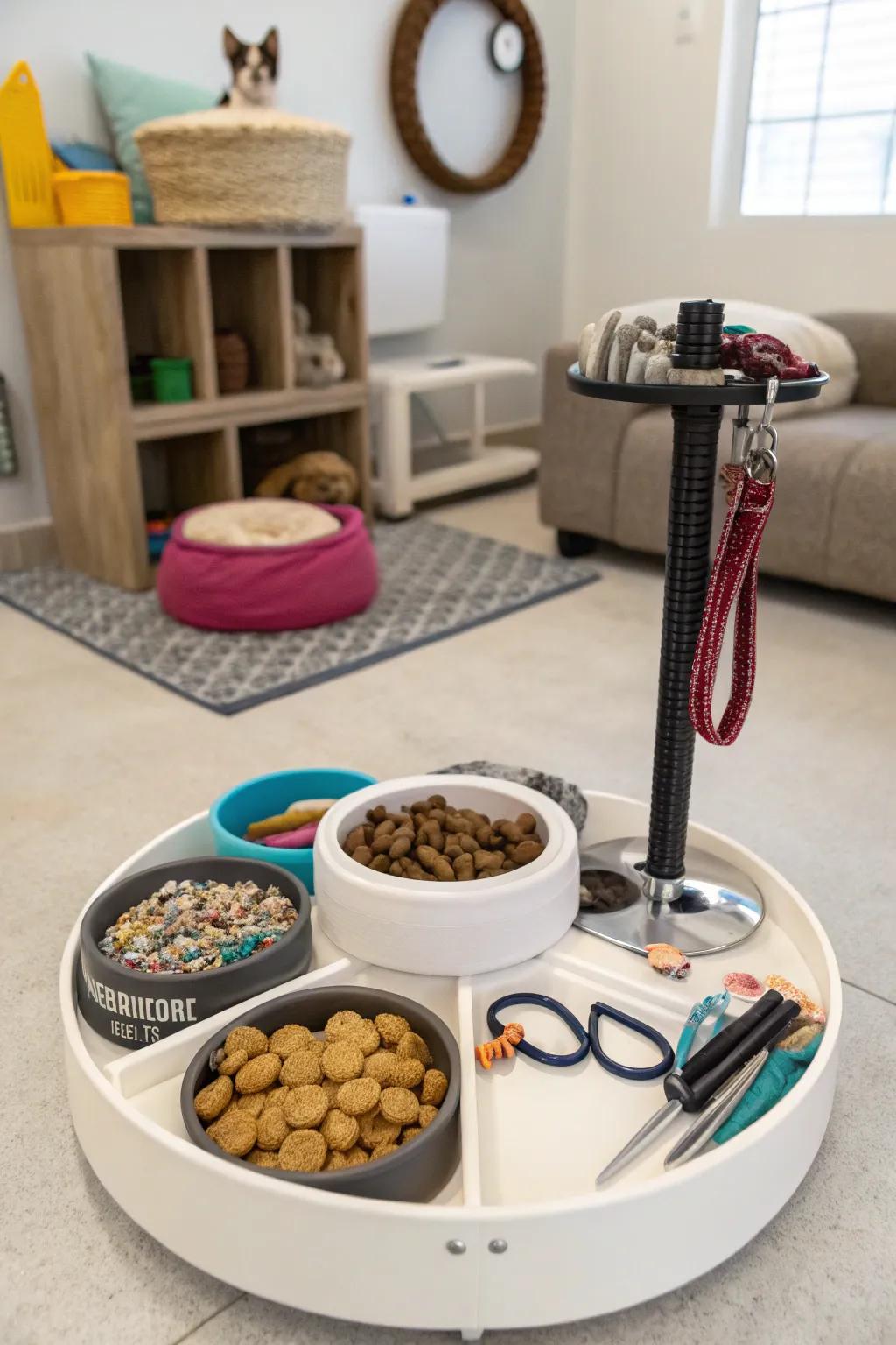 Keep pet supplies orderly with a dedicated turntable organizer.