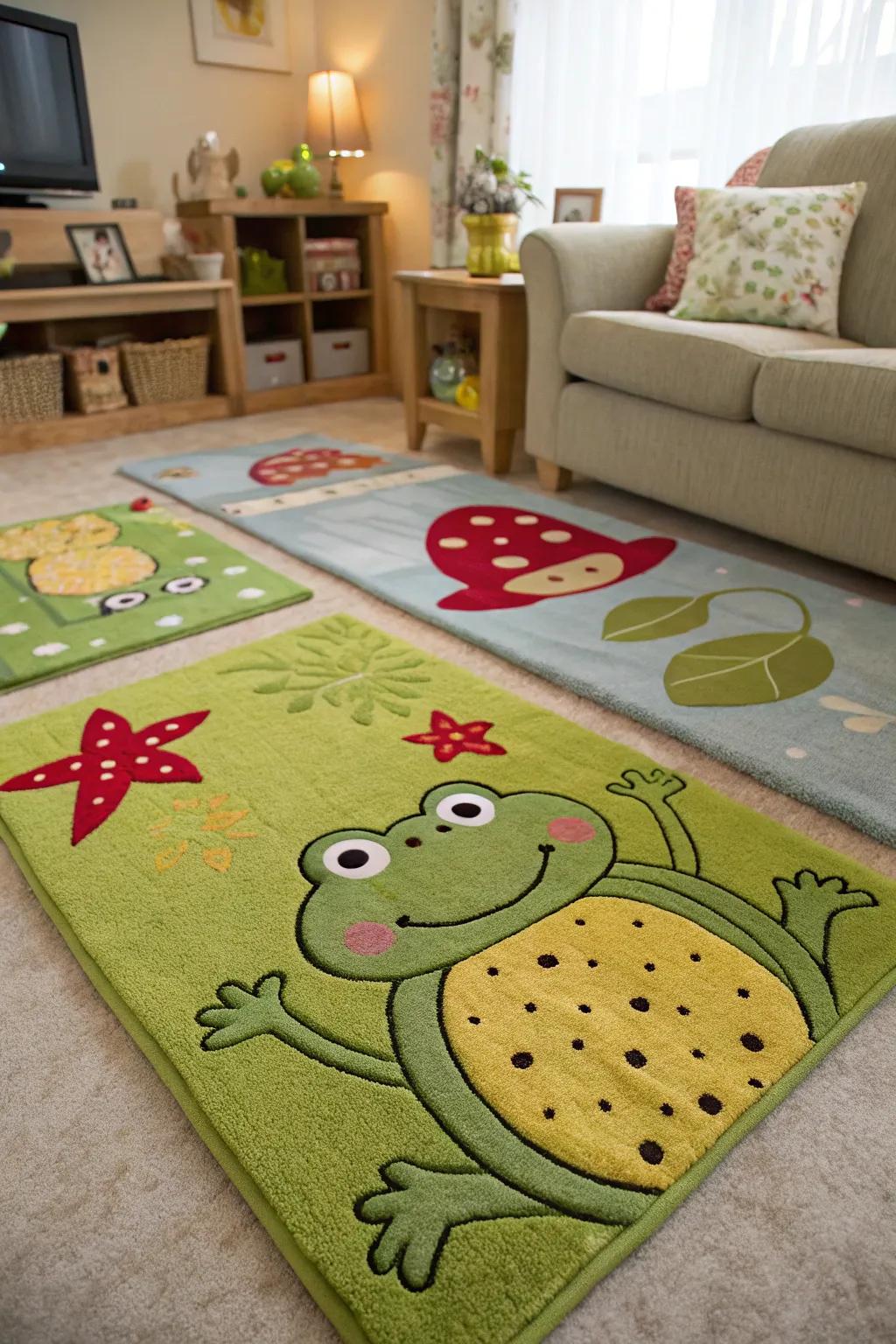 Amphibian-themed floor coverings inject a whimsical impression into your floors.