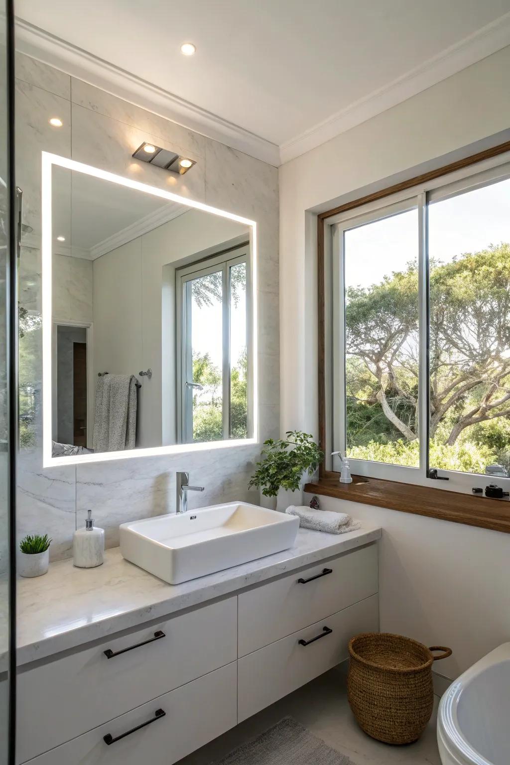 A bright lavatory featuring a light-emitting diode reflective surface positioned to capture natural light.