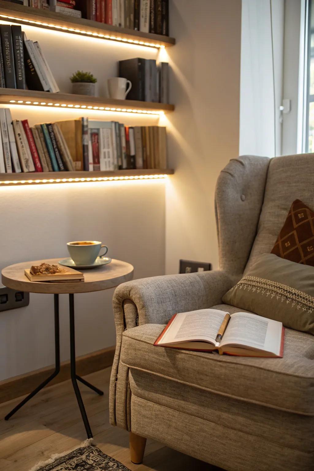 Luminous diodes bars illuminate a comfortable reading space.