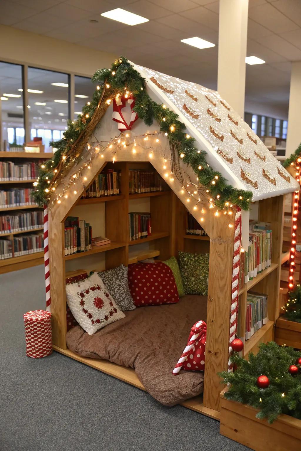 Generate a pleasant escape using a gingerbread book retreat.