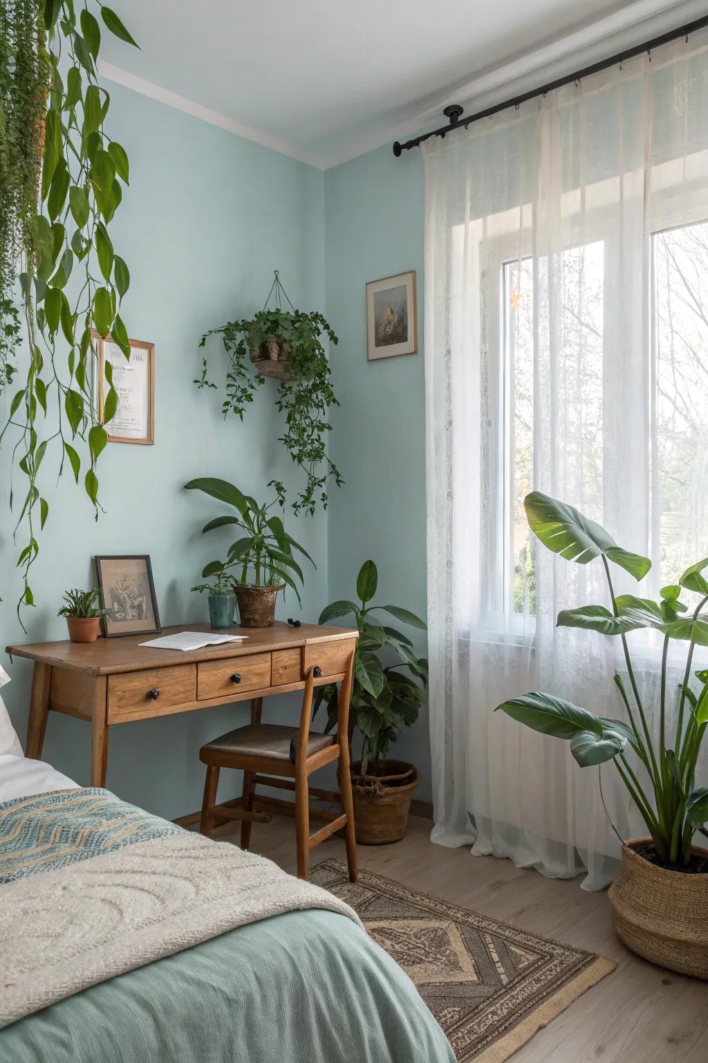 A bedroom with light blue walls featuring natural elements for a tranquil atmosphere.