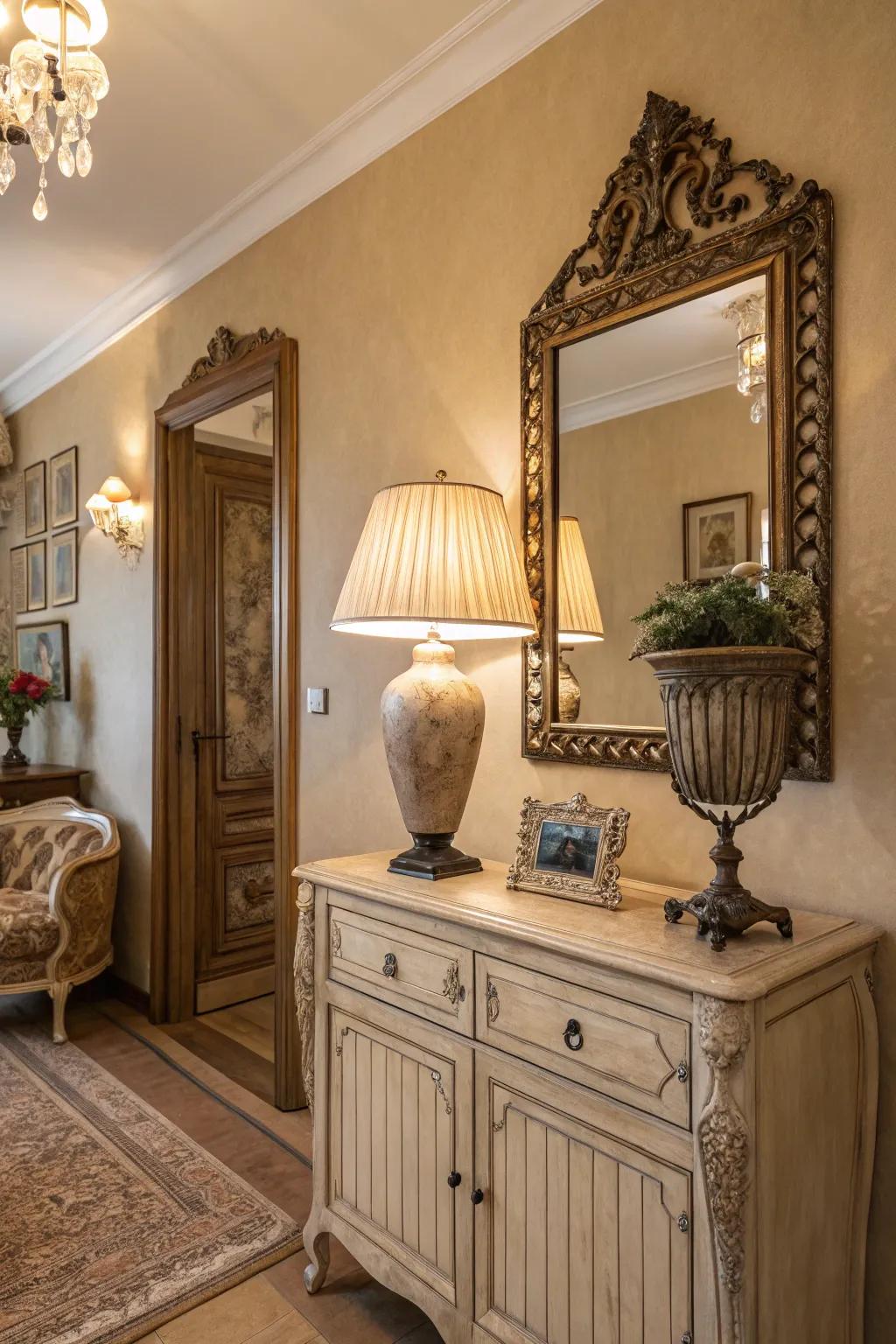 Vintage touches add timeless charm to the room.