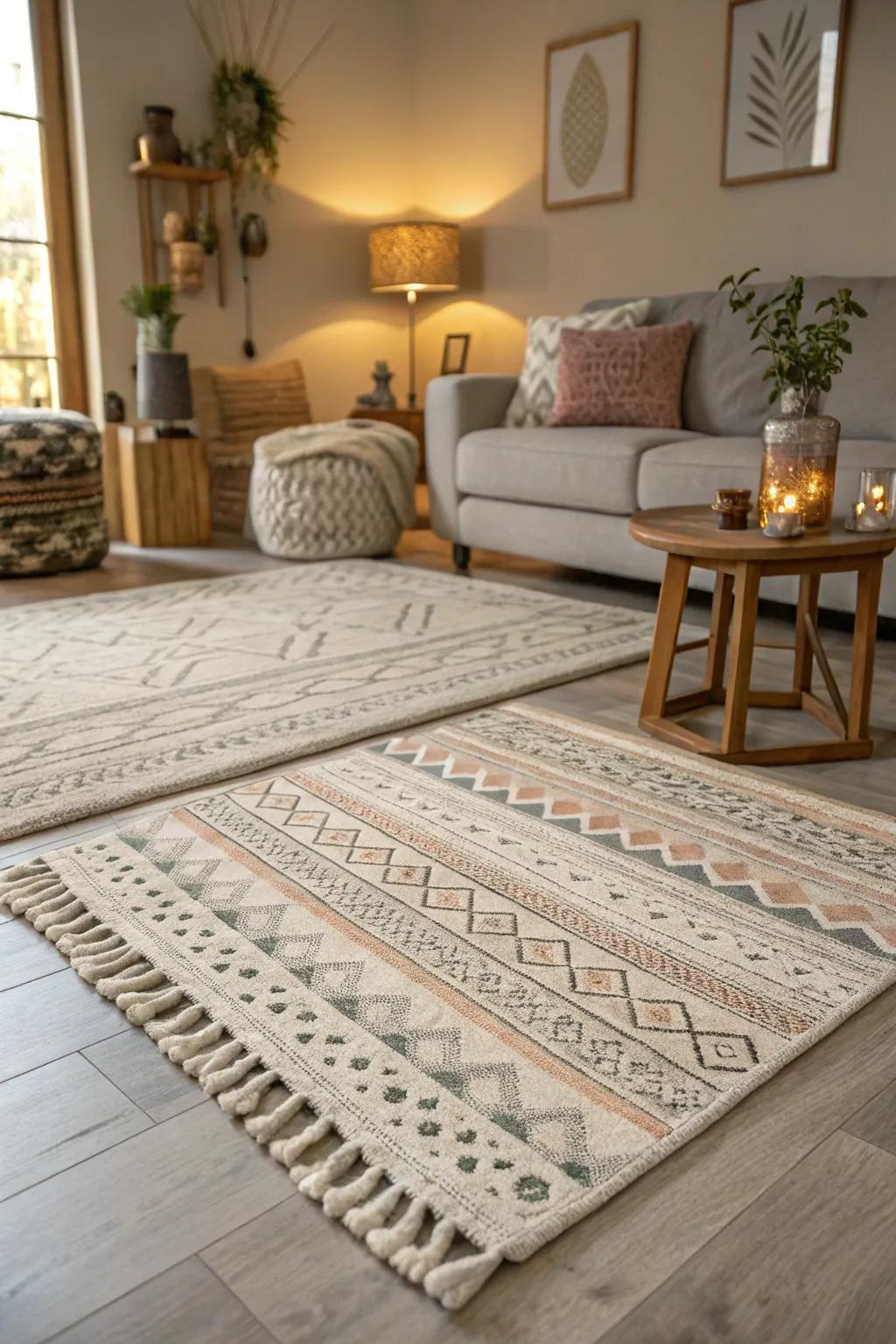 A cozy living room with light grey flooring and layered rugs.