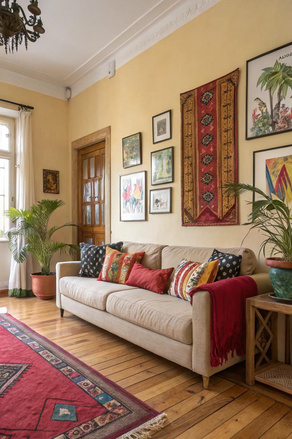 A living room with bold color accents that add vibrancy to the light wood floors.
