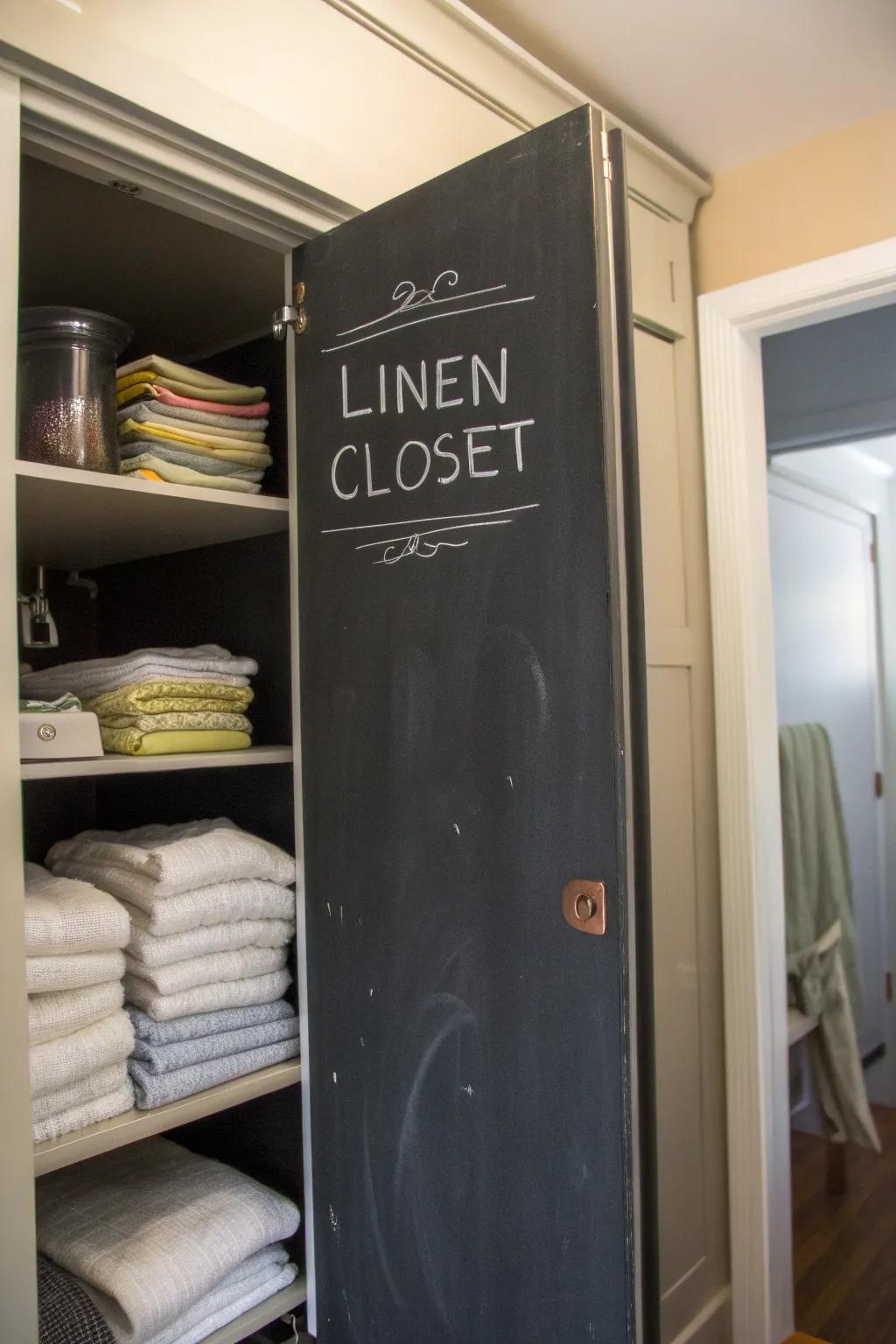 Slateboard panels add a playful and functional element to a linen closet.