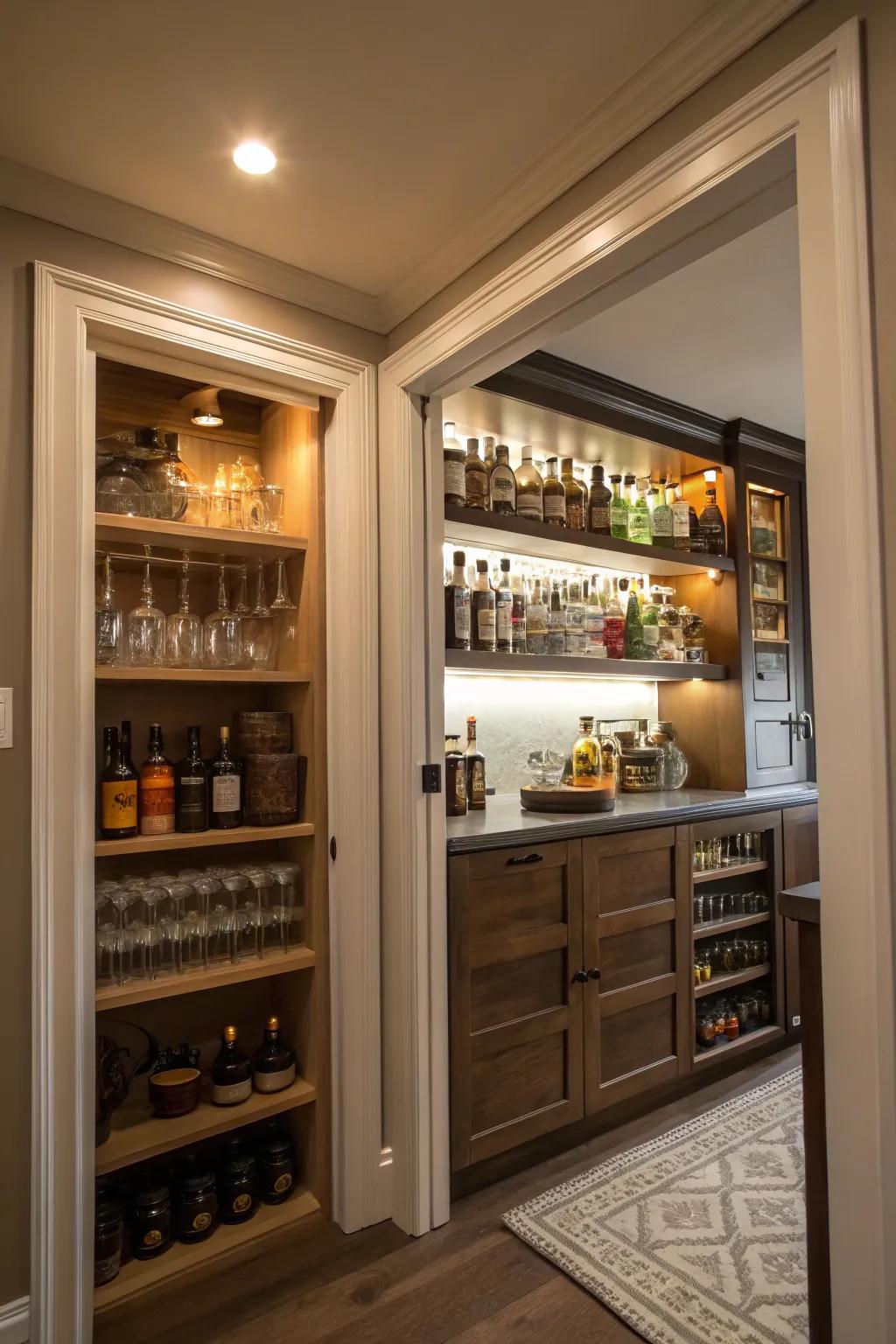 A hidden bar tucked away in a closet.