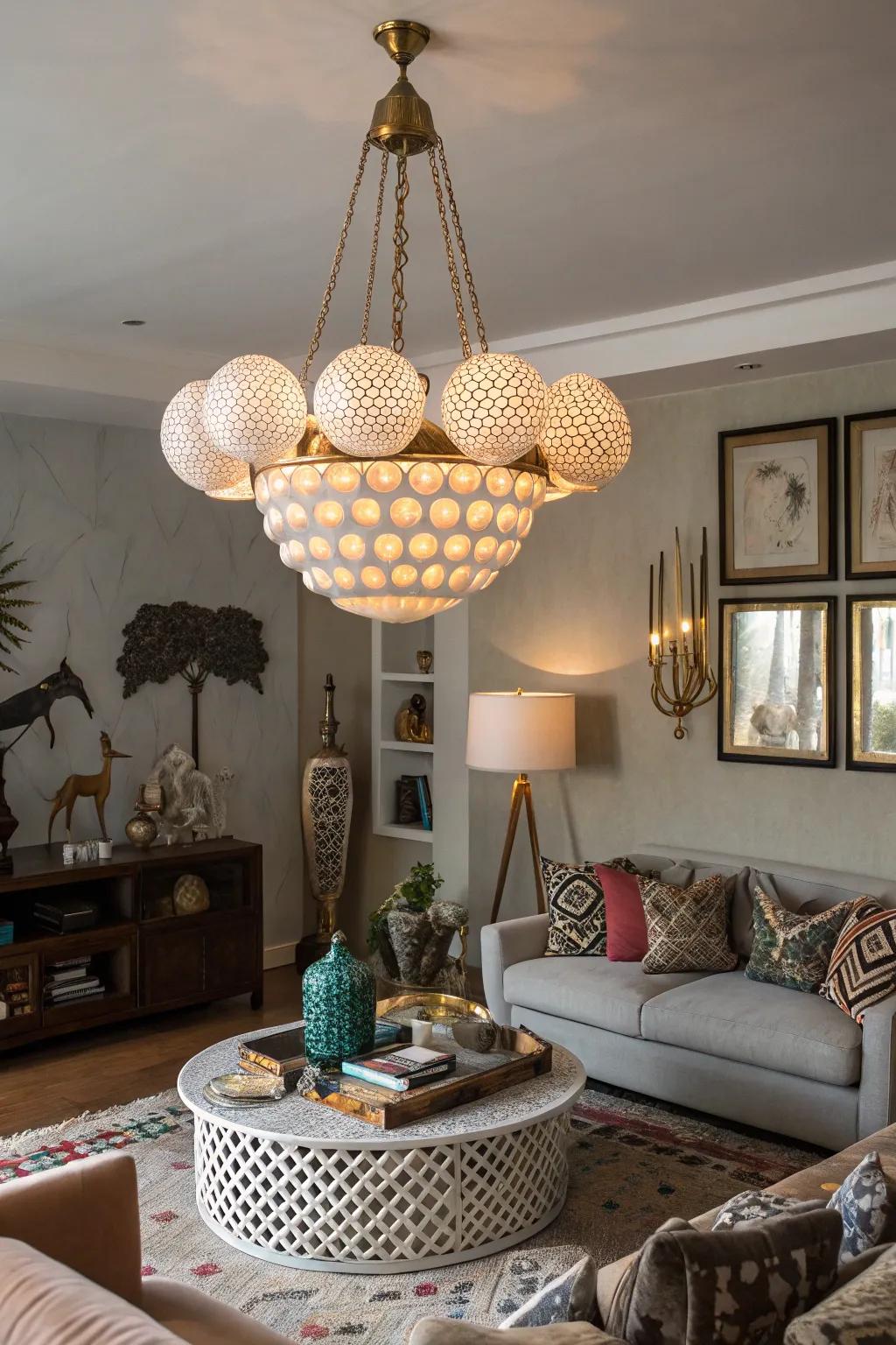 A living room with an uneven overhead light showing fun shapes.