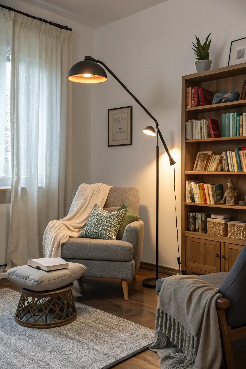 A cozy family room featuring an adjustable work standing lamp.