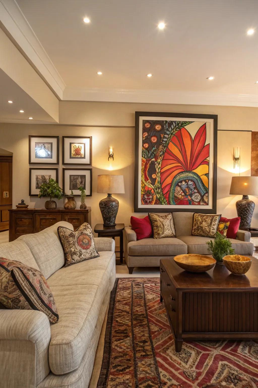 Striking artwork becomes the centerpiece of this stylish living space.