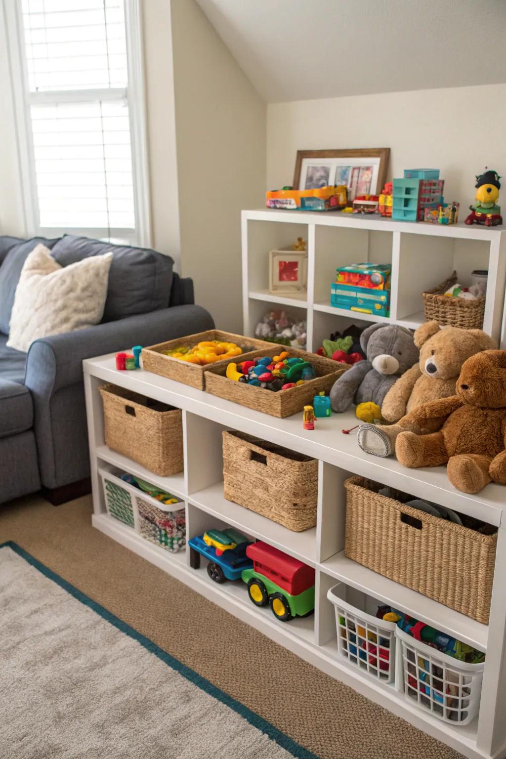 Utilizing corners for toy storage frees up main living areas.