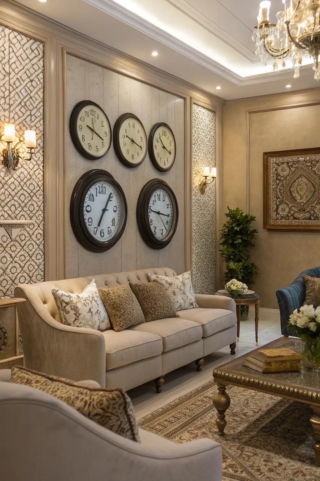 Numerous clocks showing different time zones bring a cosmopolitan flair.