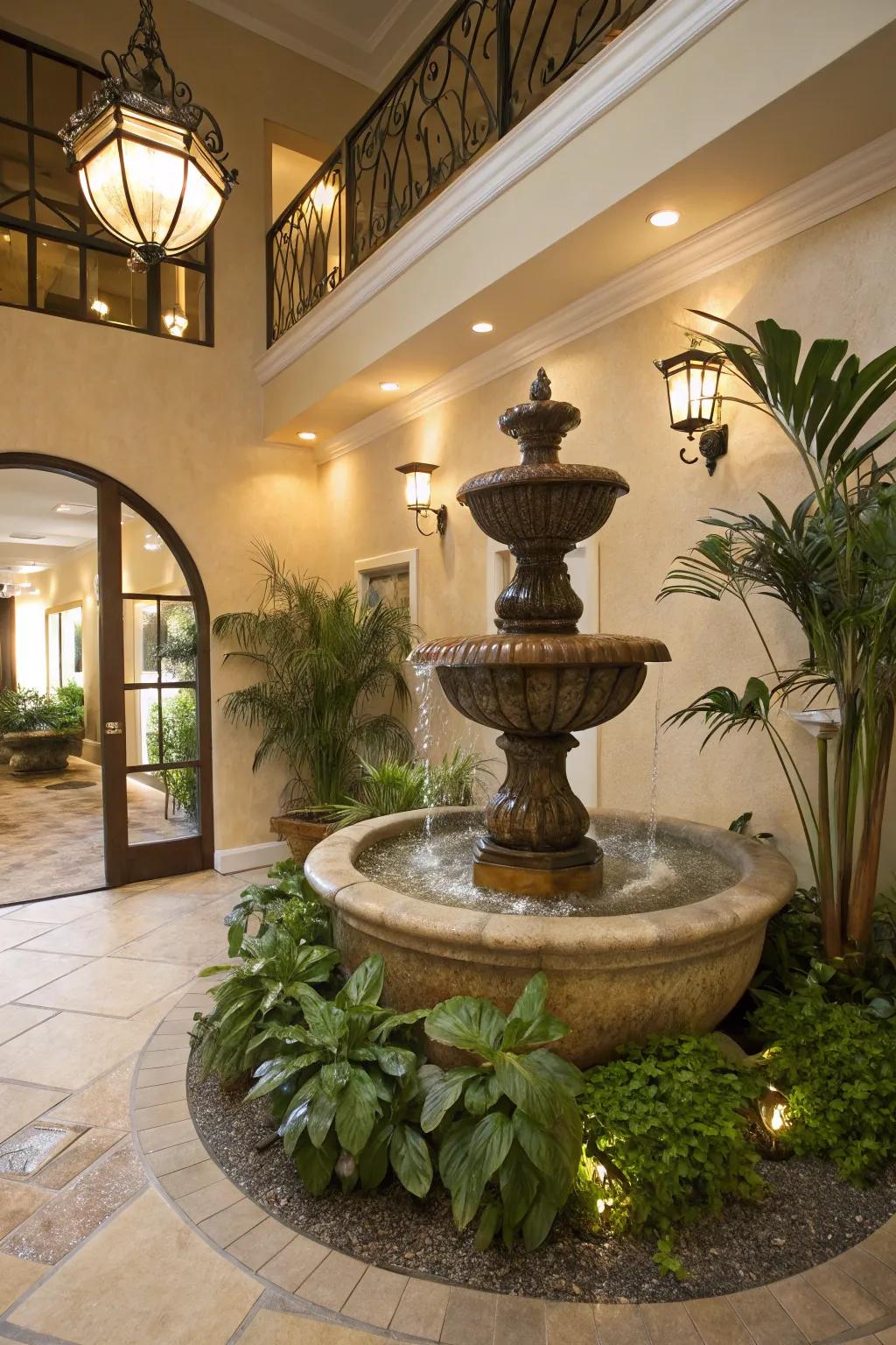 A soothing lobby with a water feature