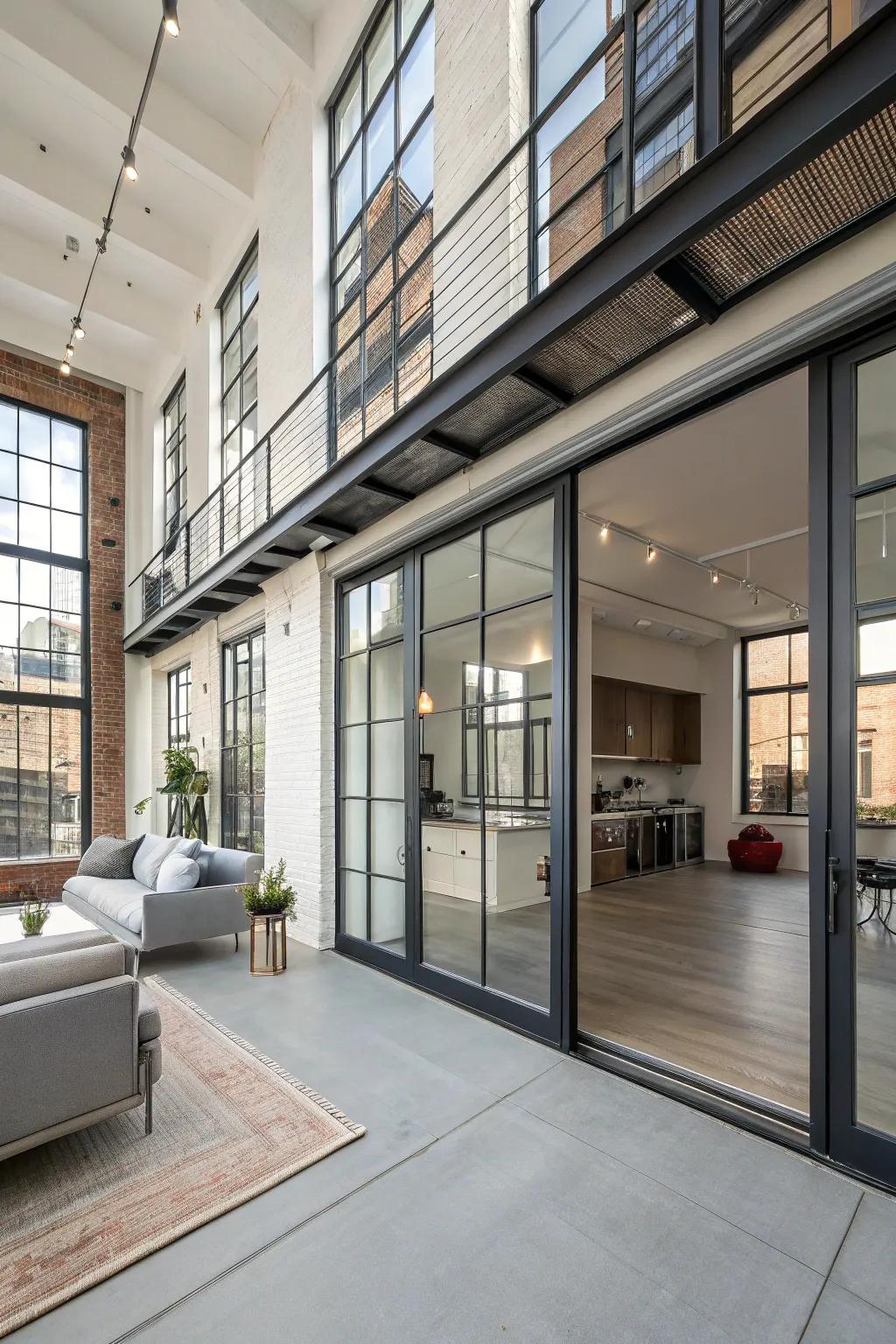 Modern rolling doors within an open loft area.