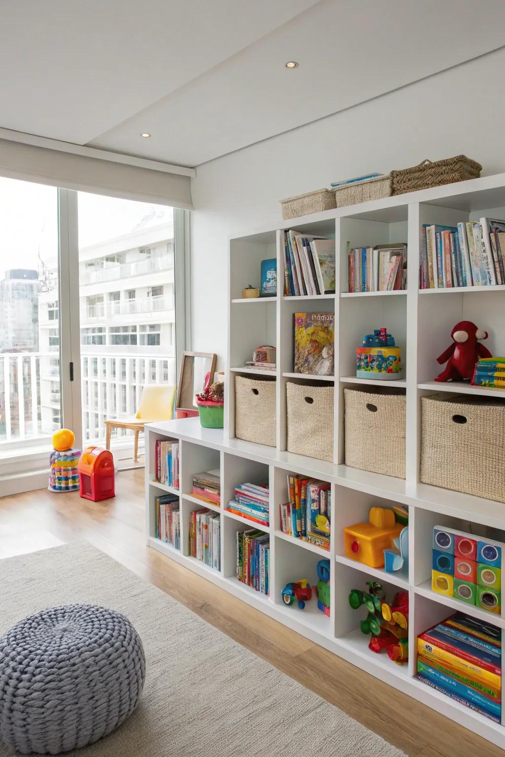 A built-in storage partition sustains the playroom's organization.
