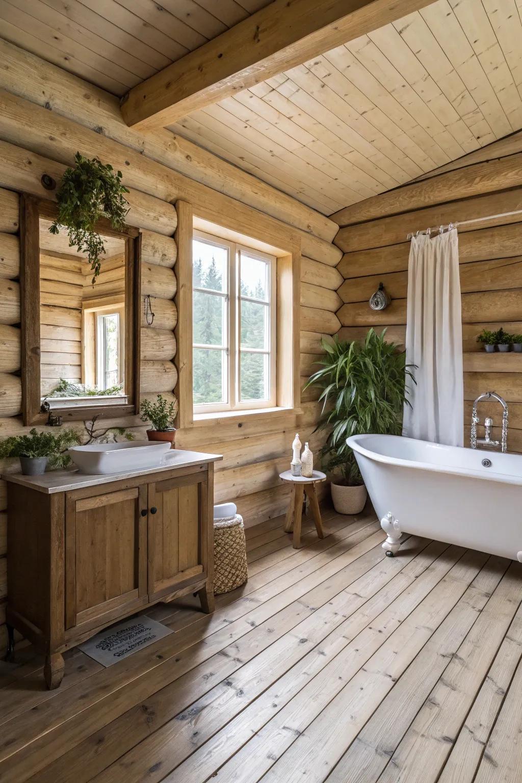 A simple log cabin bathroom using a clean and spacious feel.