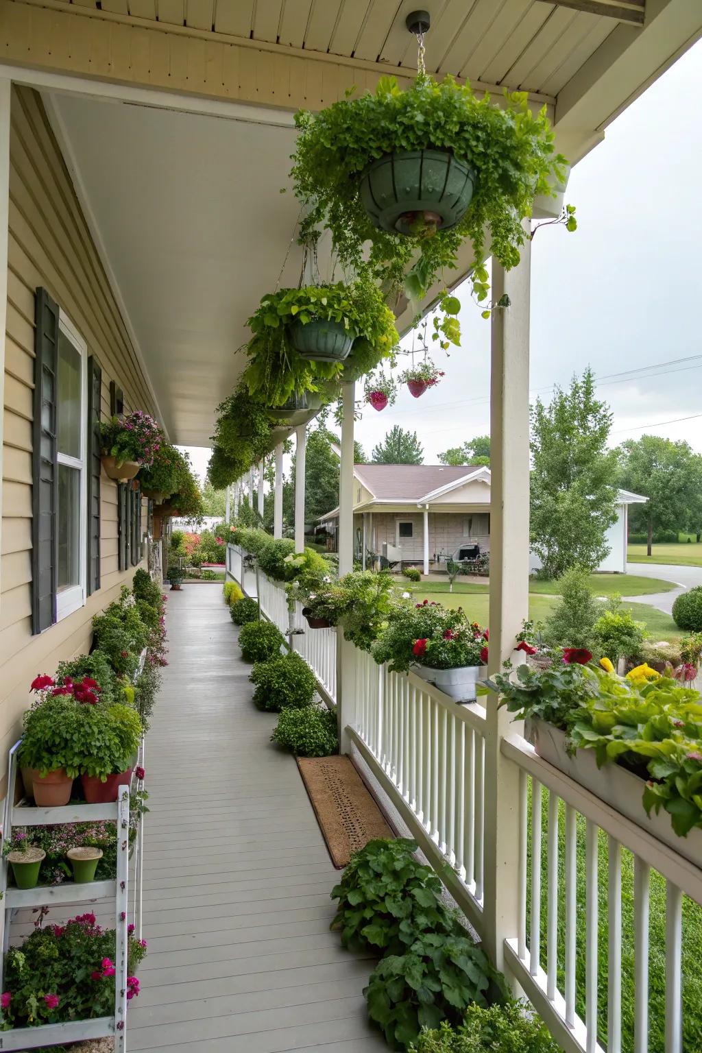 Vertical elements like planters and shelves add dimension to a porch.