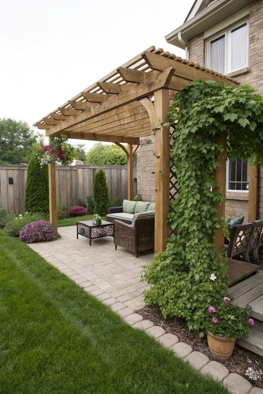 A pergola delivers shade and a delightful hideaway.
