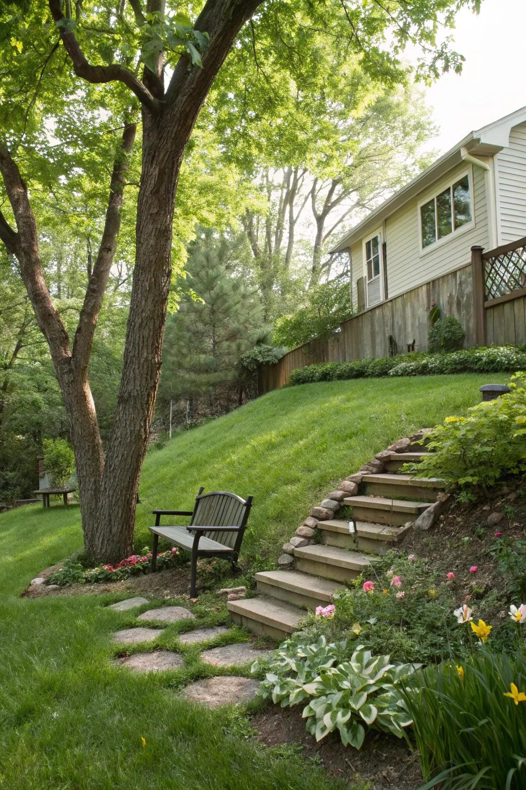 A leisure spot infuses an intimate touch into sloped front yards.