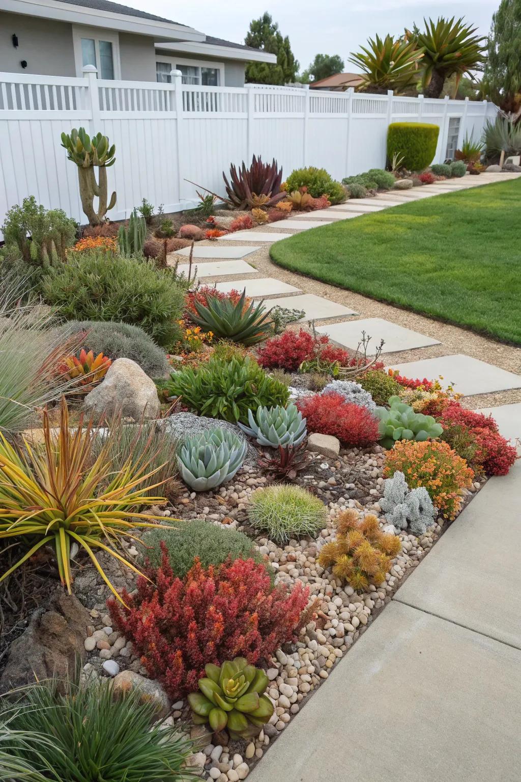 Plant groupings add intrigue to a xeriscape front yard.