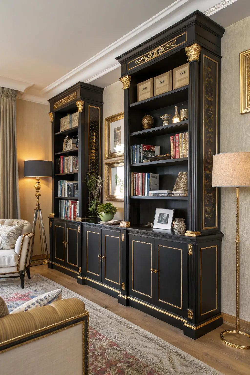 Regal bookcases adding sophistication and display space.
