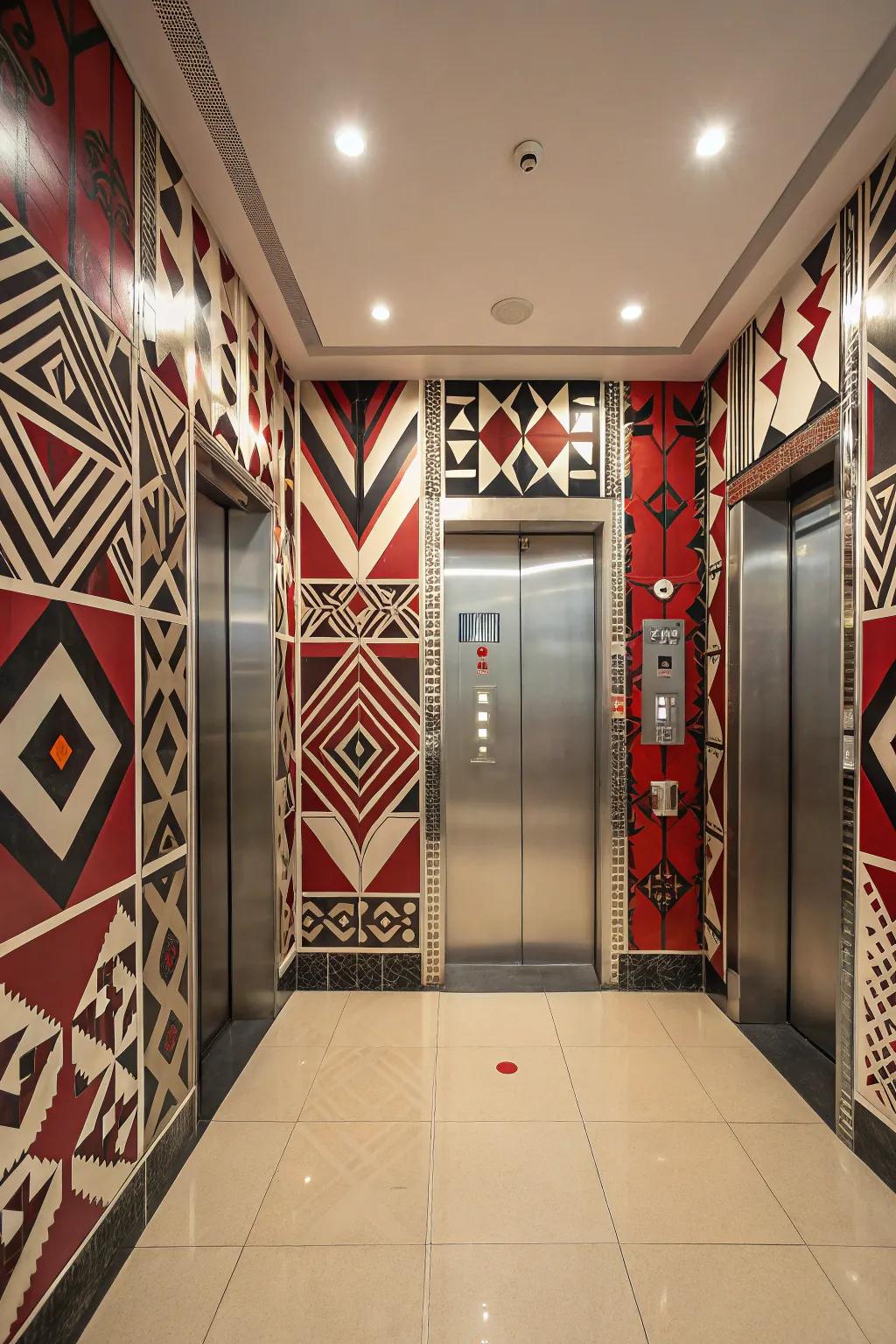 Vivid designs add character and flair to this elevator design.