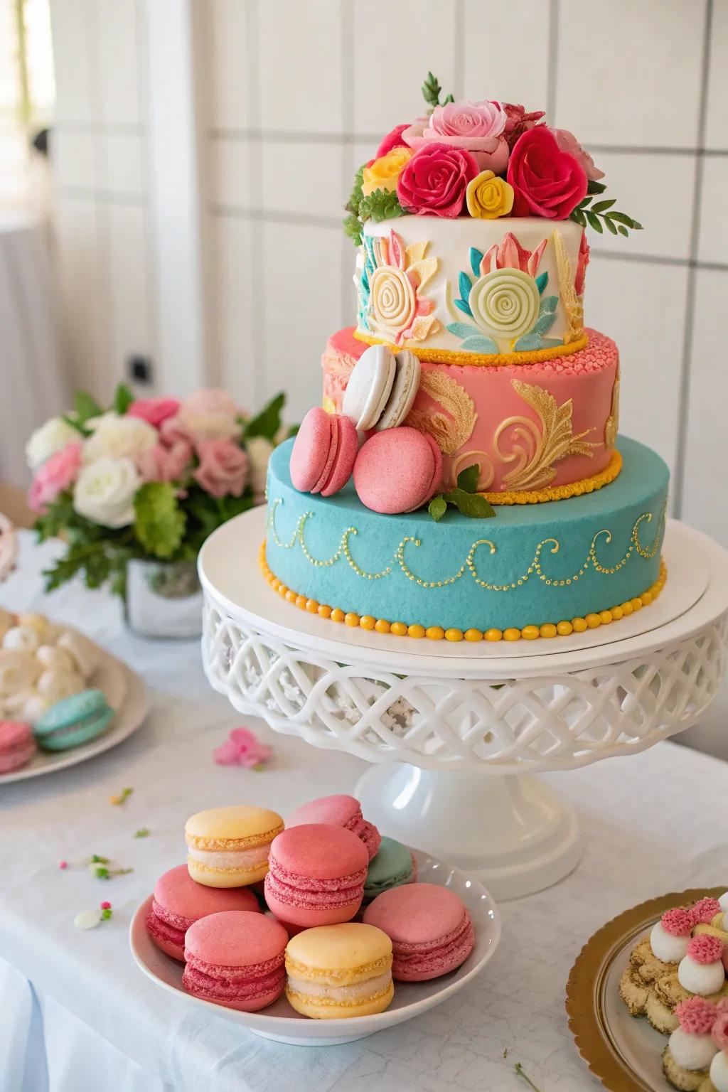 A cake with macarons as decorative accents.