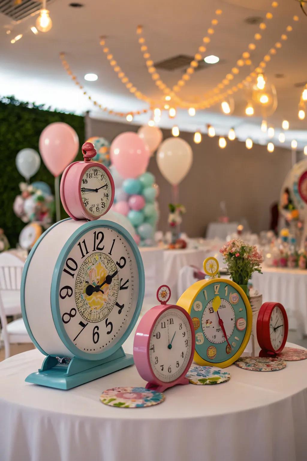 Timepieces used as whimsical focal points incorporate a nod to the Mad Hatter&rsquo;s time obsession.