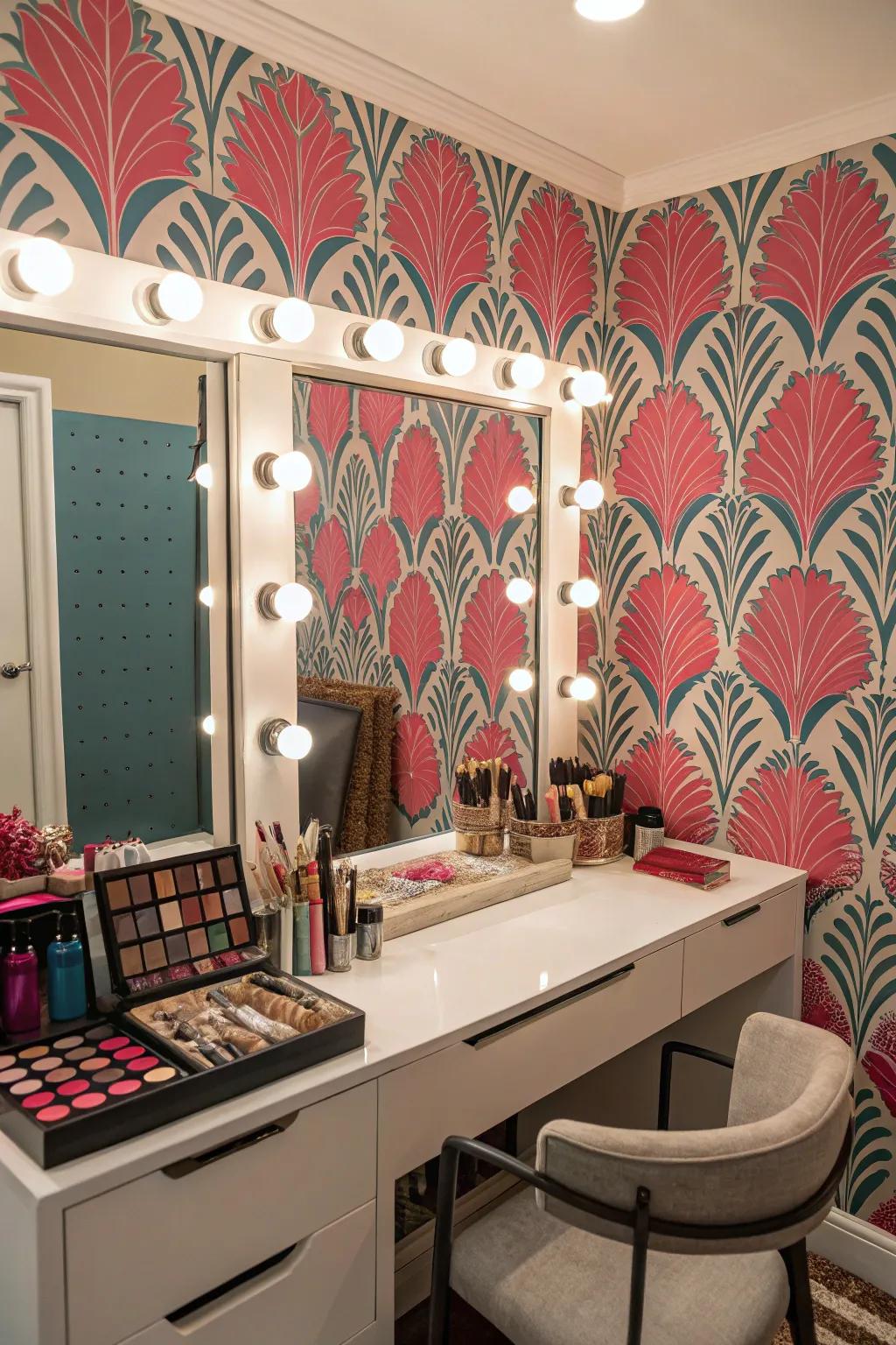 Bold wallpaper creates a striking feature wall.