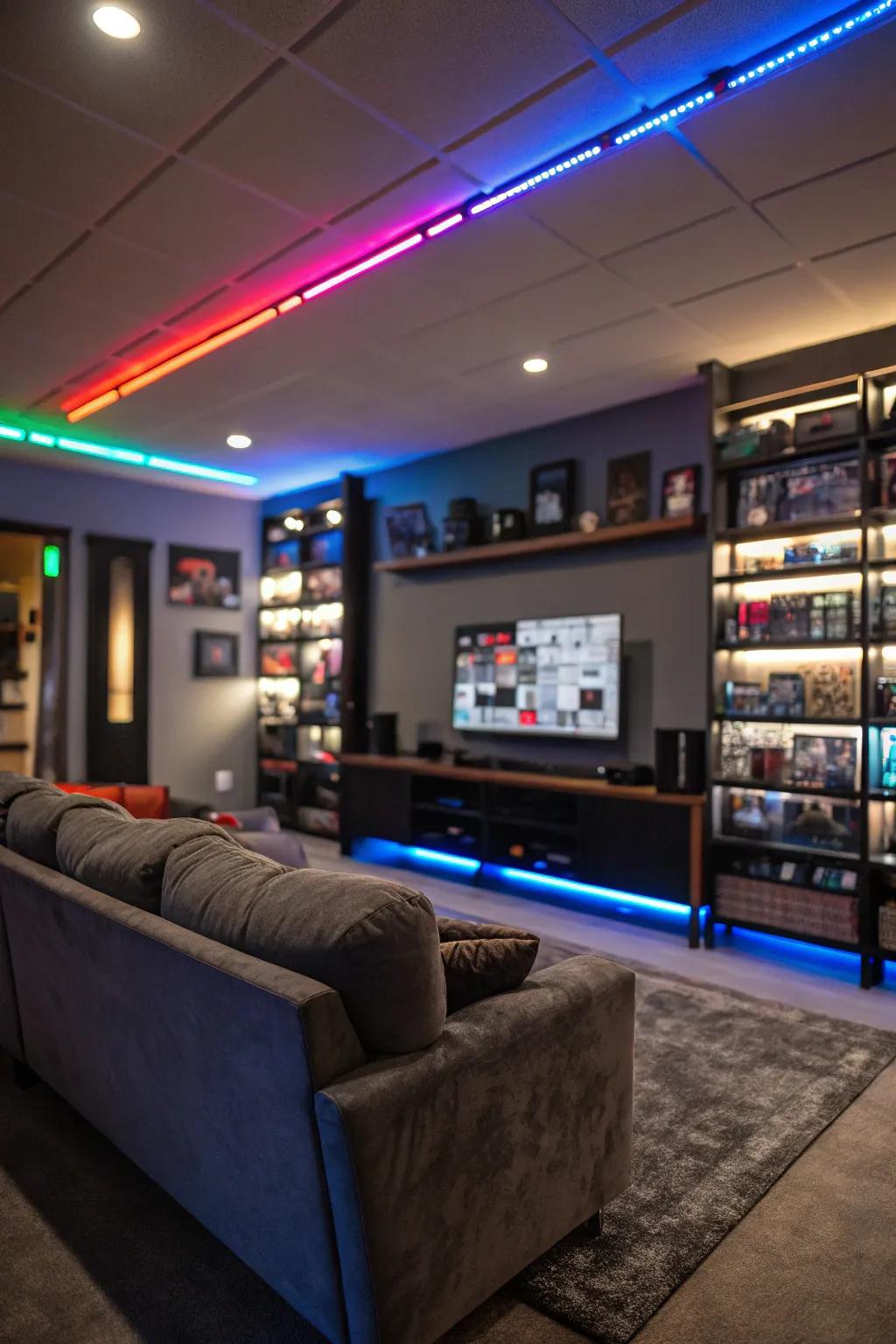LED lighting delivers a contemporary touch to the man cave.