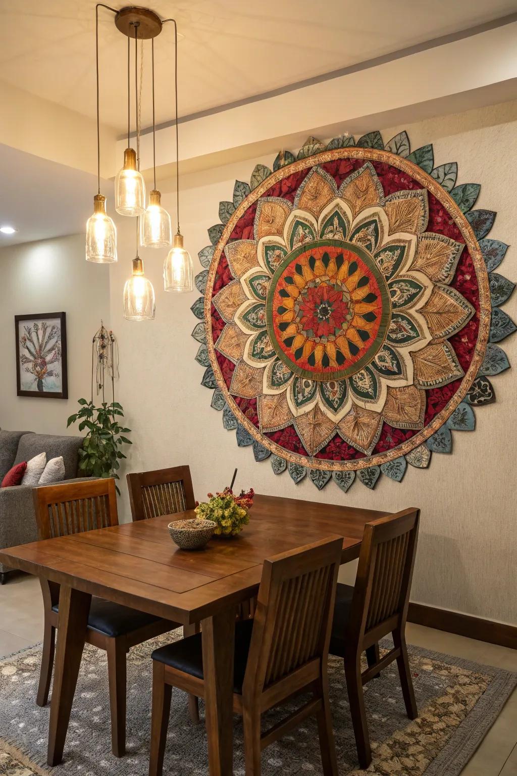 A layered mandala pattern adding a 3D effect in a dining room.