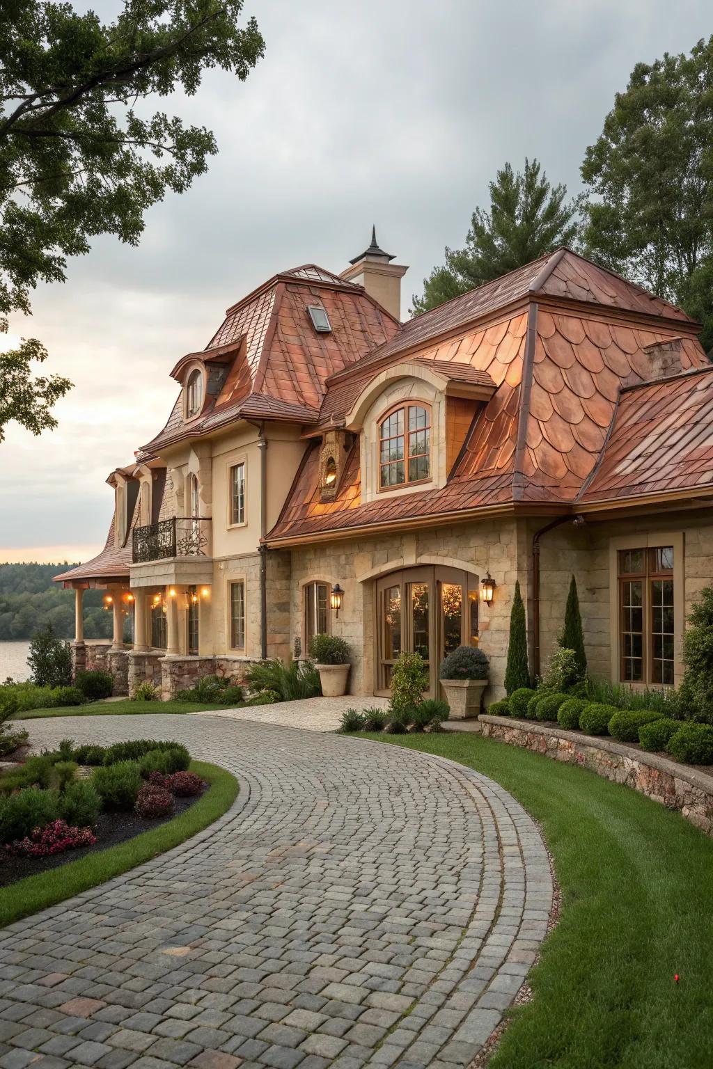 Bronze roofing proffers a lavish culmination to this mansard roof.
