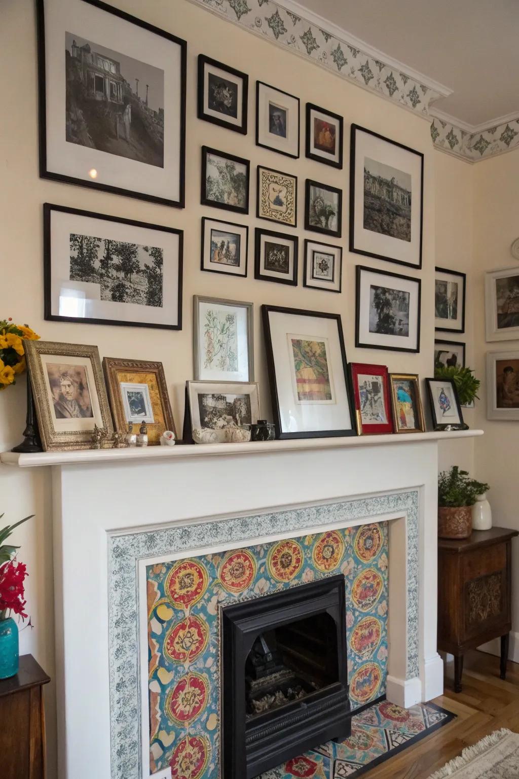 A gallery wall enhances the mantel as a key element.