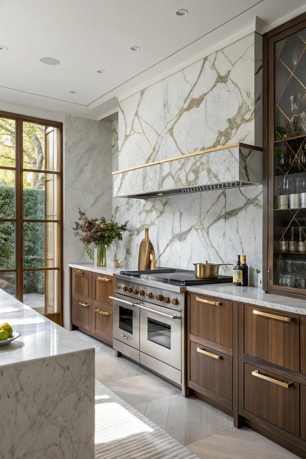 A chic kitchen with stone backsplash and metal features.