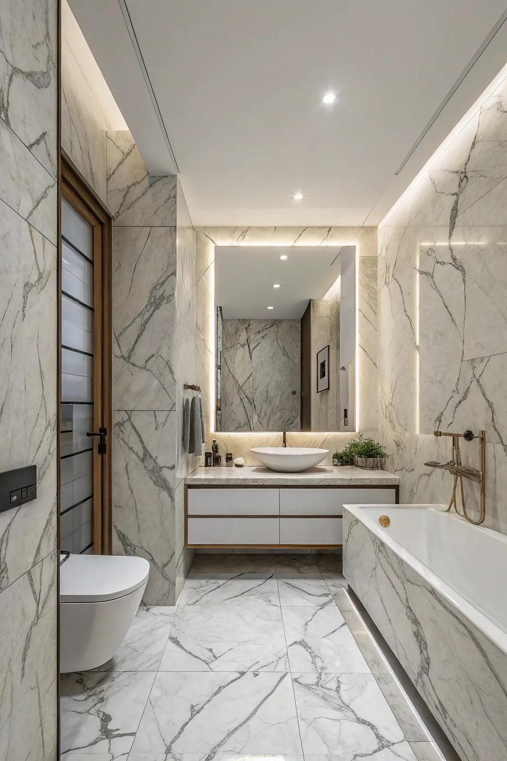 Gentle marbling in marble enhances sophistication and texture.