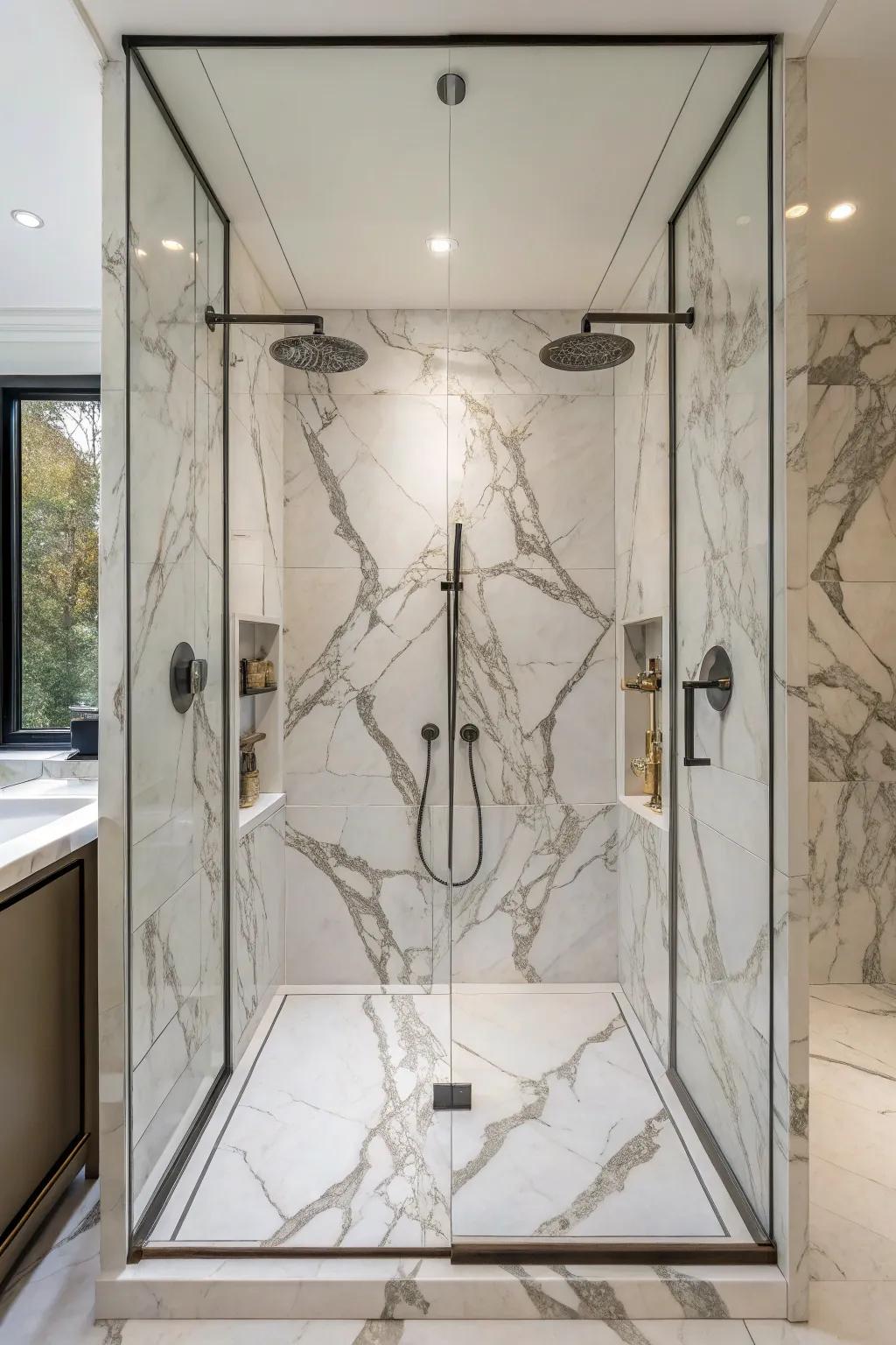 Bookmatched slabs fashion a flawless and artistic visage.