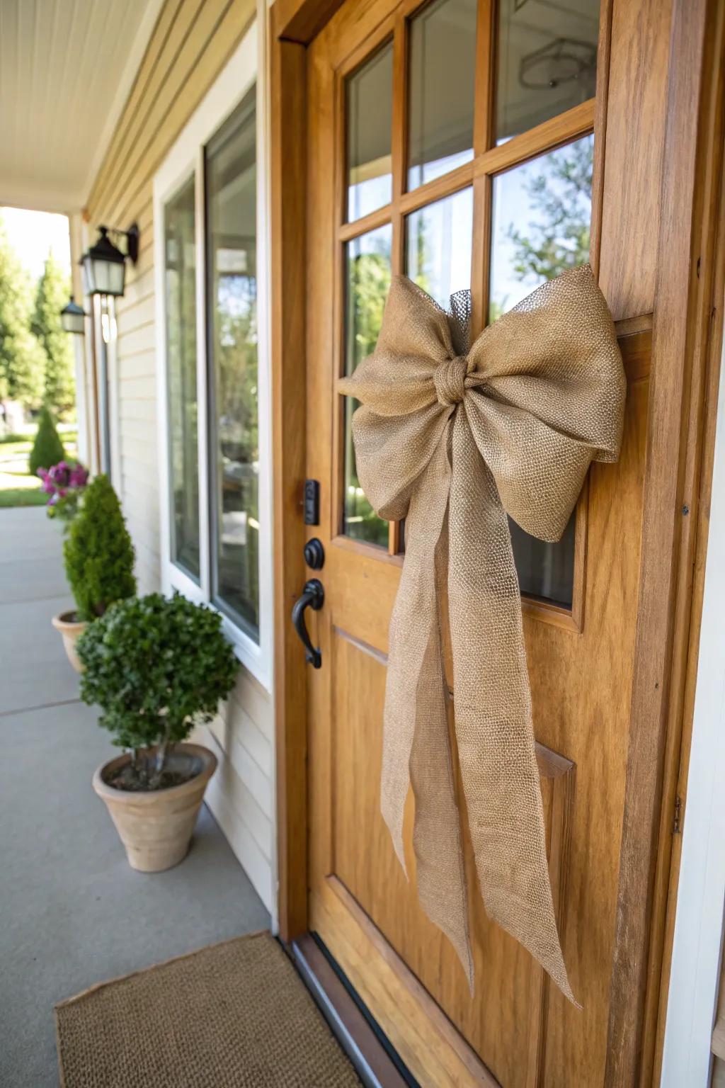 A hessian bow introduces rustic allure and refinement.