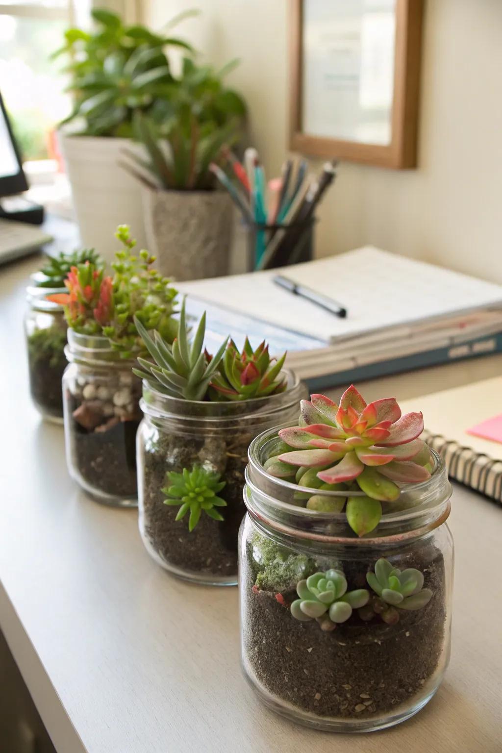 Use mini succulent spaces in glass preserving jars to add modern greenery.