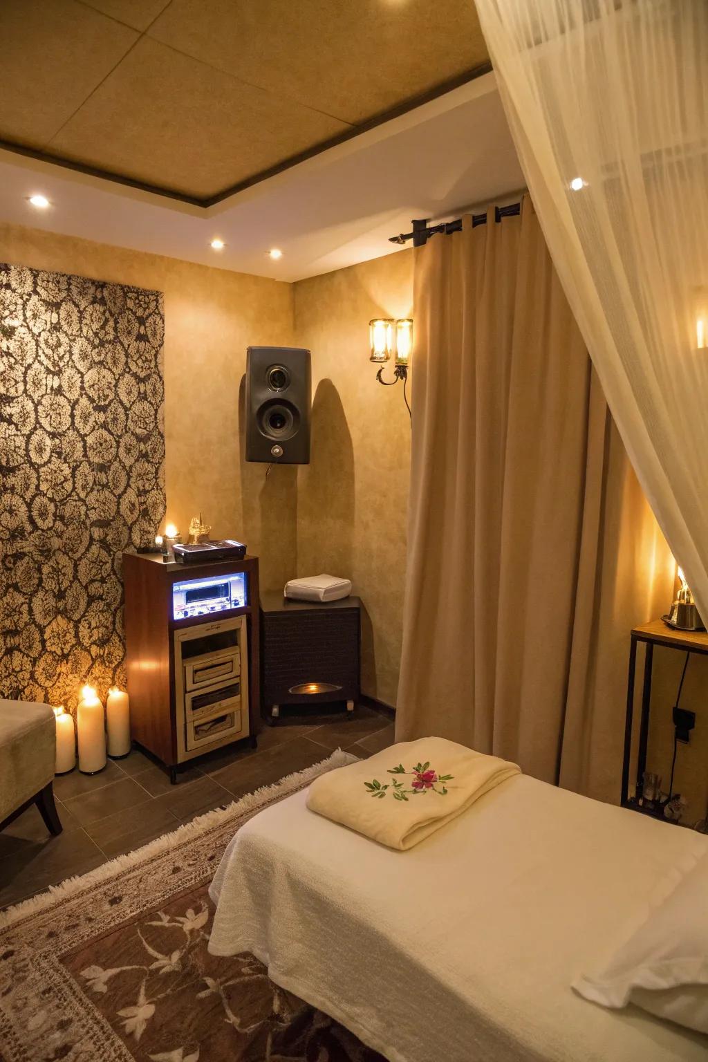 A massage room through a sound system delivering soothing ambient music.