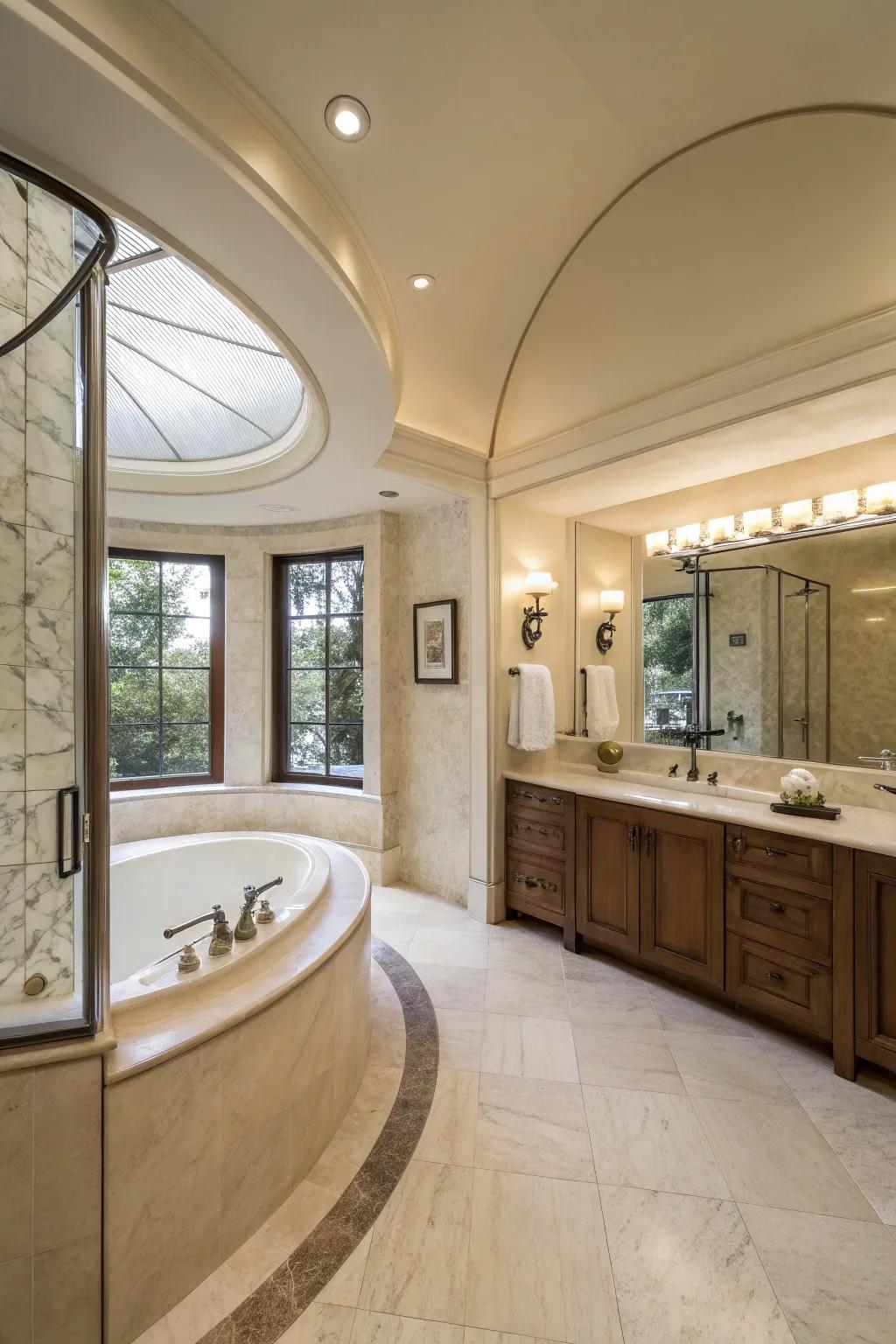The curved layout offers a gentle, flowing design in this distinctive master bathroom.