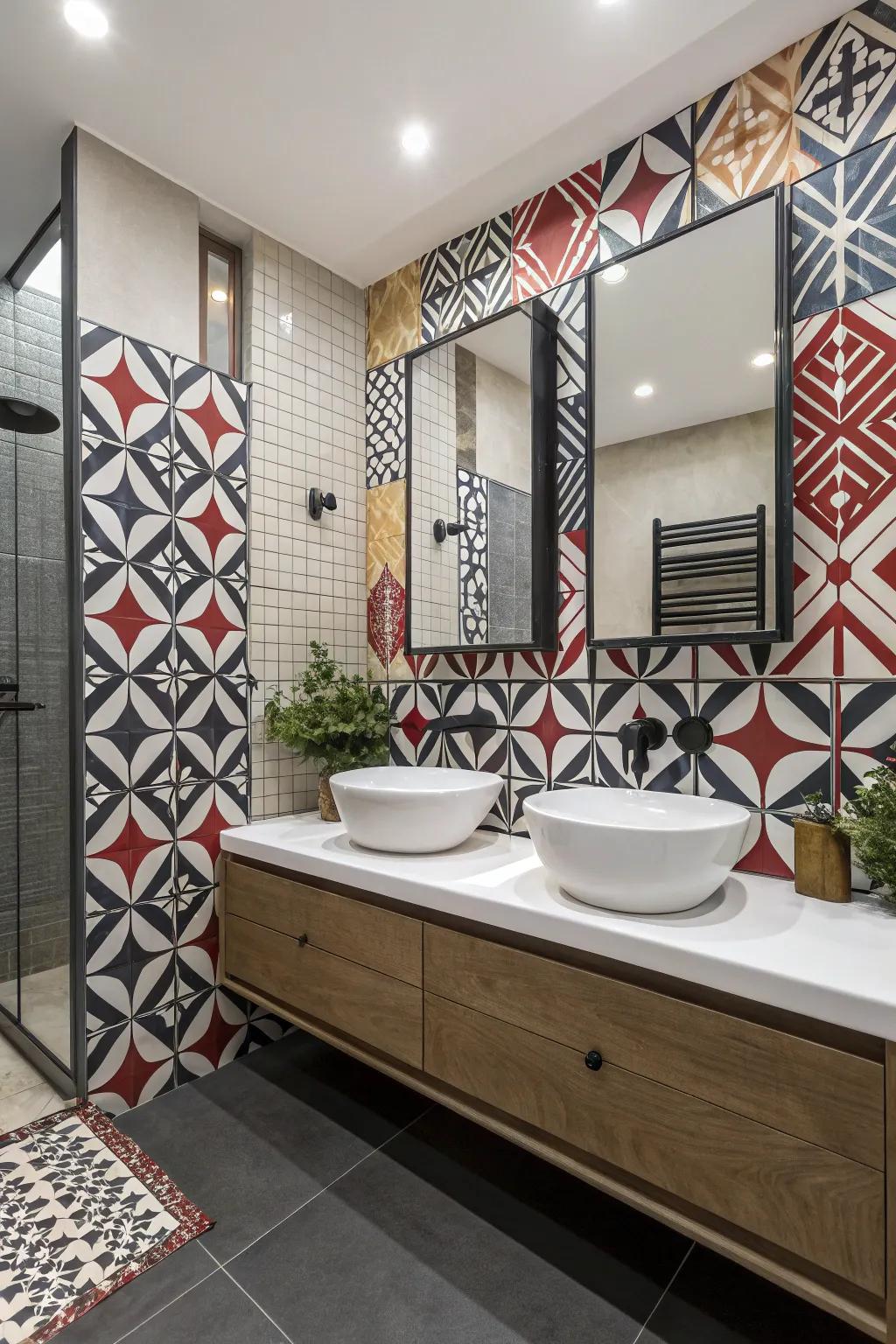 Bathroom with strong patterned tiles adding a dramatic flair.