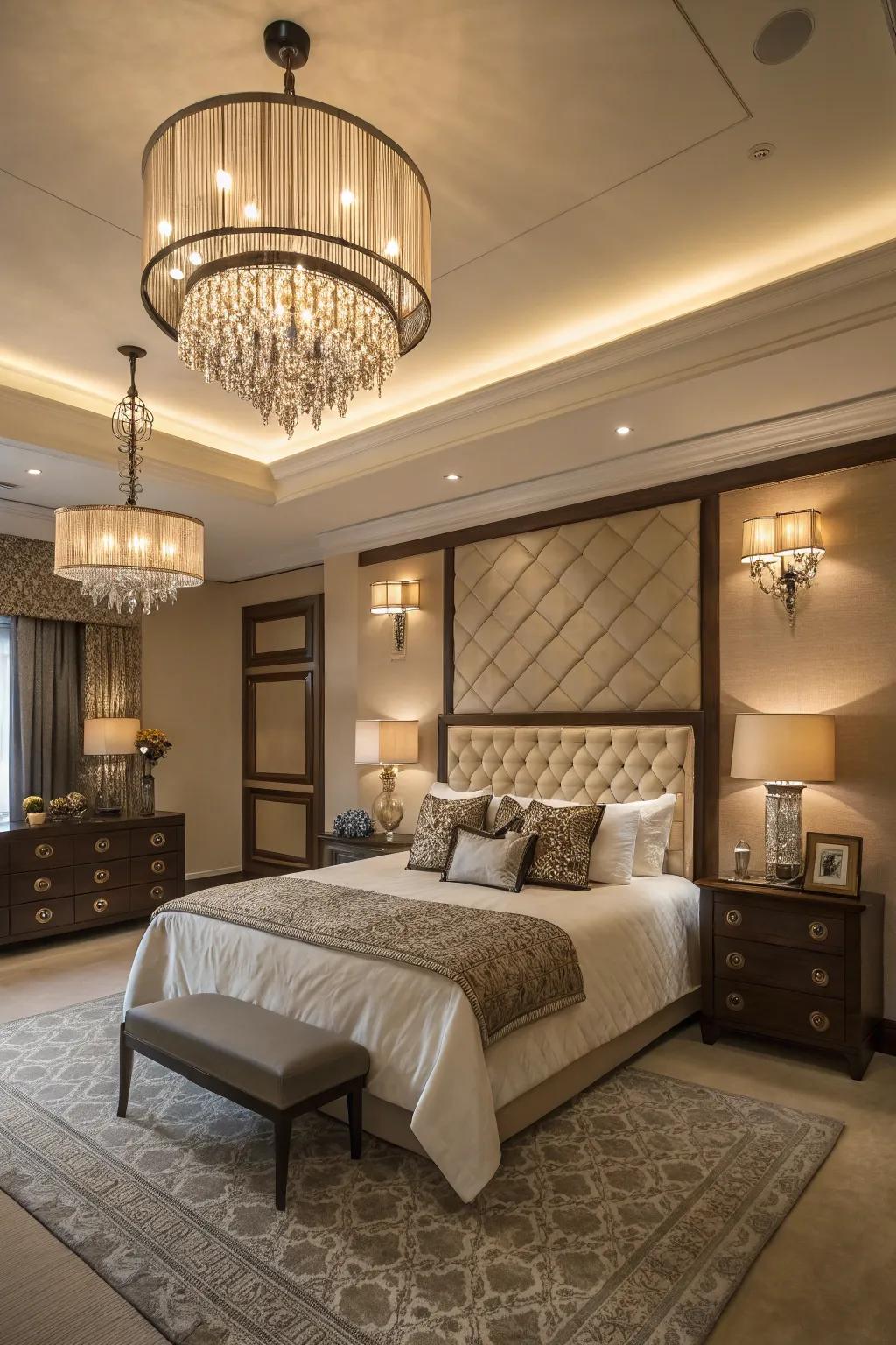 Layered lighting enhances the depth and utility of the bedroom.