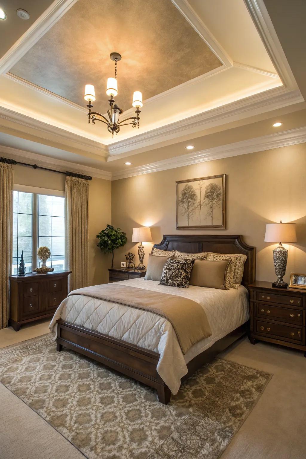 A unified shade scheme expands the elegance of your stepped ceiling.