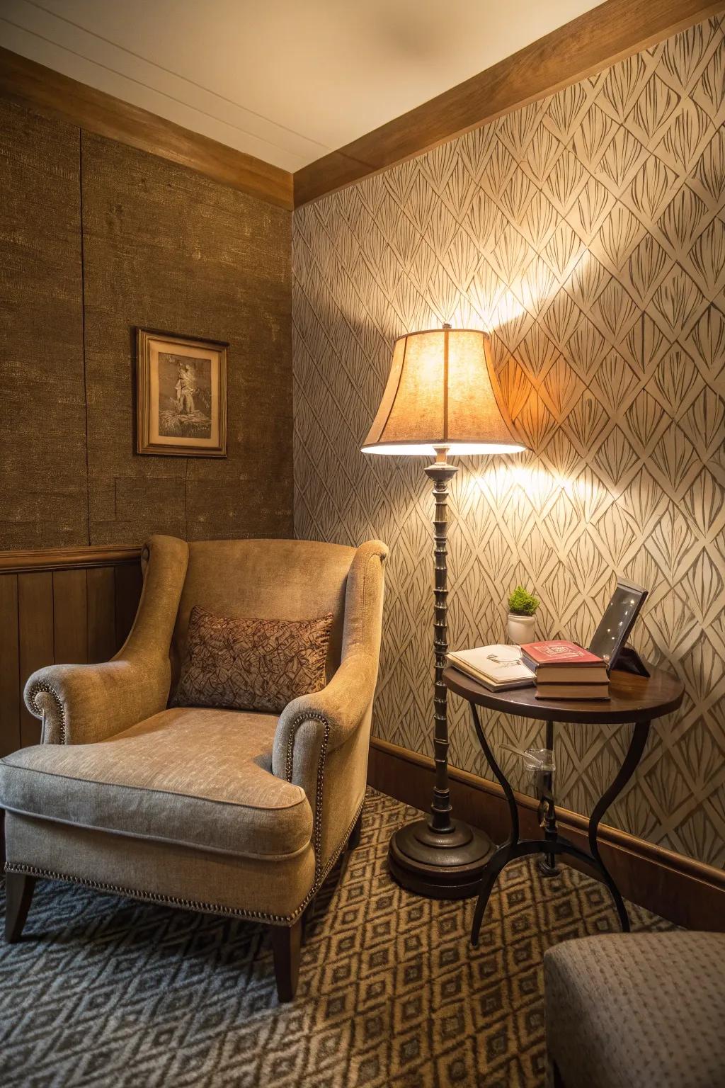 Textured wallpaper enhances the warmth of a cozy reading nook.
