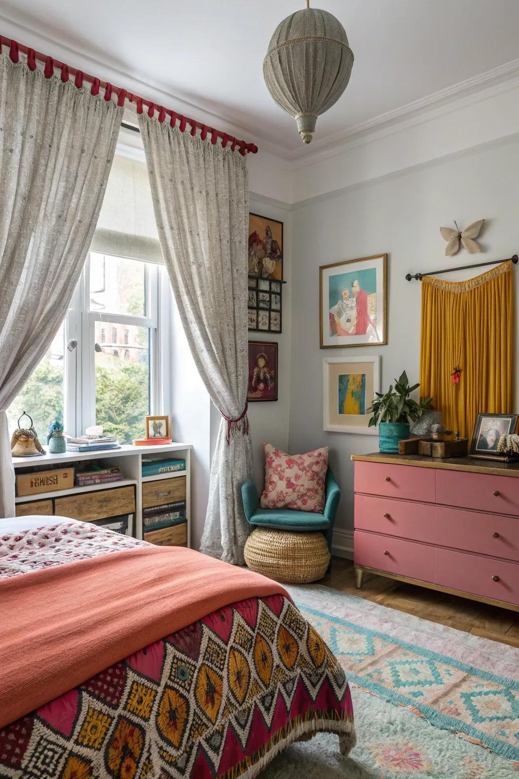 Layered window dressings craft a luxurious sensation in this bedroom.