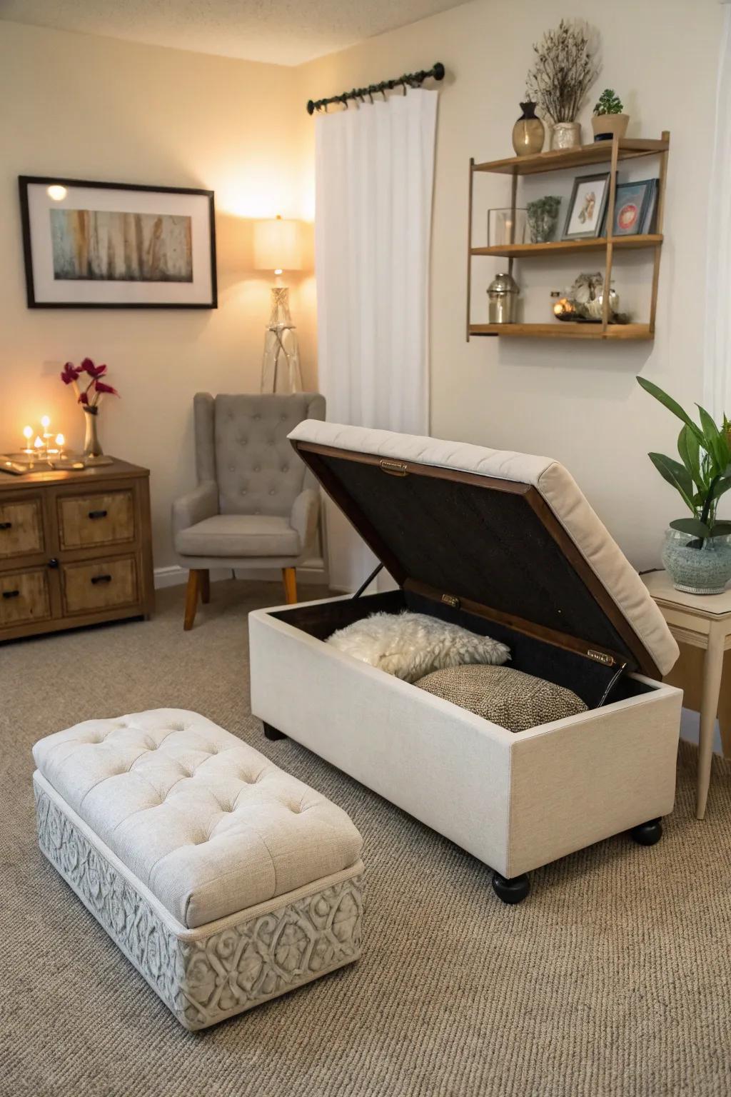 Multi-functional furniture optimizes space and utility in your meditation room.