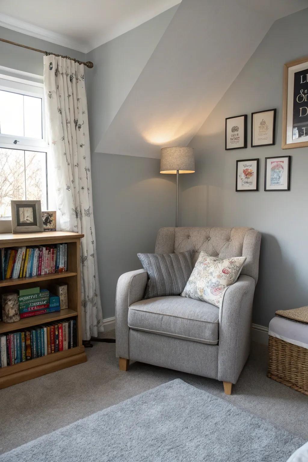 A comforting reading corner delivers a perfect area to unwind in the grey bedroom.